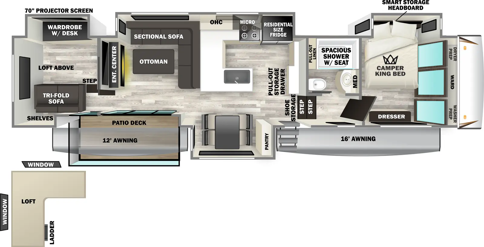 The Sabre 37RVMILES floorplan has one entry and four slide outs. Exterior features include: fiberglass exterior and 12' & 16' awning. Interiors features include: free-standing dinette option and front bedroom.